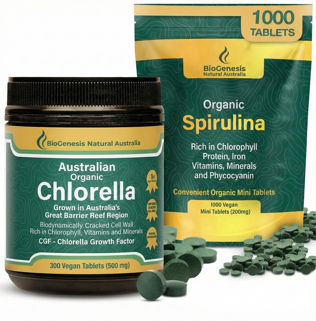 Biogenesis Organic Spirulina & Chlorella Bundle | Australian Grown | 1000 Spirulina Mini Tabs (200mg) + 300 Chlorella Tablets (500mg) | Rich in Chlorophyll & Phycocyanin | Daily Vegan Superfood Pack