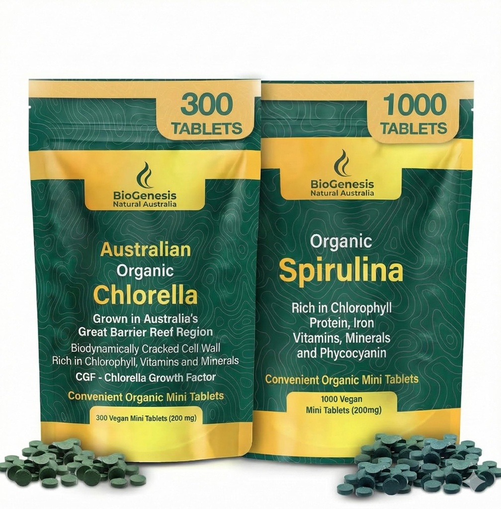 Biogenesis Organic Spirulina 1000ct + Chlorella 300ct Bundle | Australian Grown Algae Mini Tablets | High Phycocyanin & Chlorophyll Superfood | Complete Nutrition for Energy & Vitality | Vegan