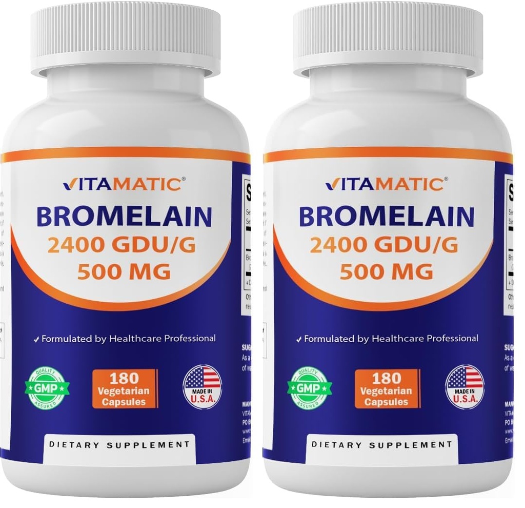 Vitamatic Bromelain Supplement 500mg – 2400 GDU/g – 180 Capsules (Pack of 2)