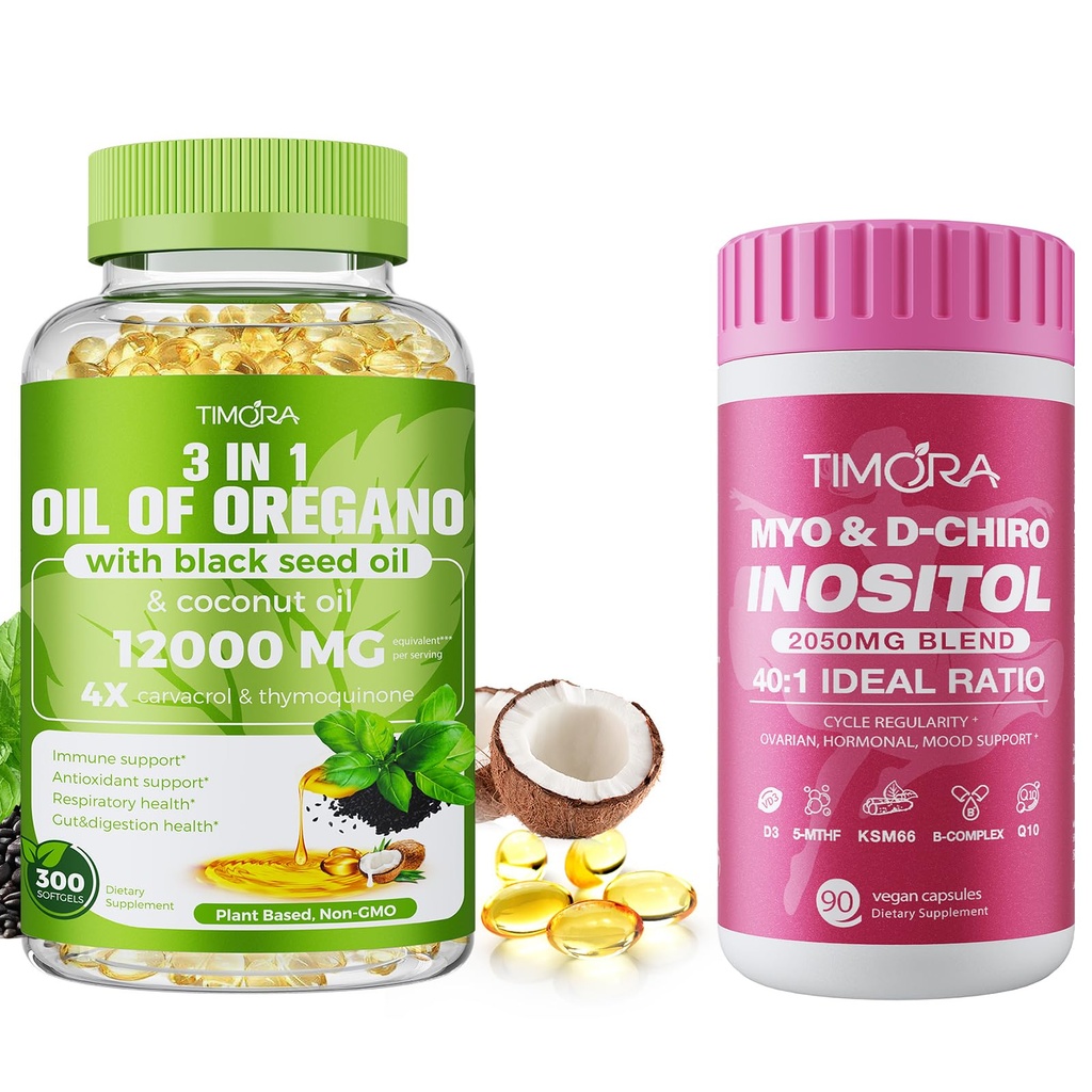 TIMORA Women's Wellness & Immune Support Duo Pack: 40:1 Myo & D-Chiro Inositol with KSM-66 Ashwagandha & CoQ10 (90 Capsules) + Triple Action Oregano Oil with Black Seed & Coconut Oil (300 Softgels) |