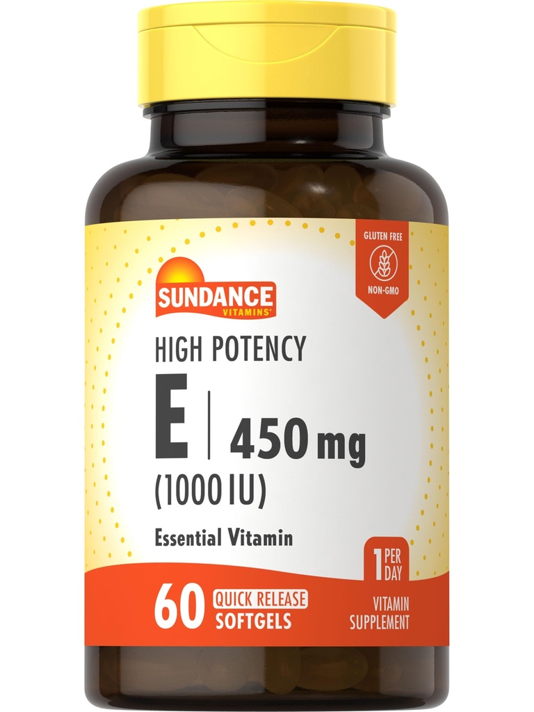Sundance High Potency Vitamin E | 450mg (1000 IU) | 60 Softgels | Essential Vitamin Supplement | Non-GMO and Gluten Free Formula