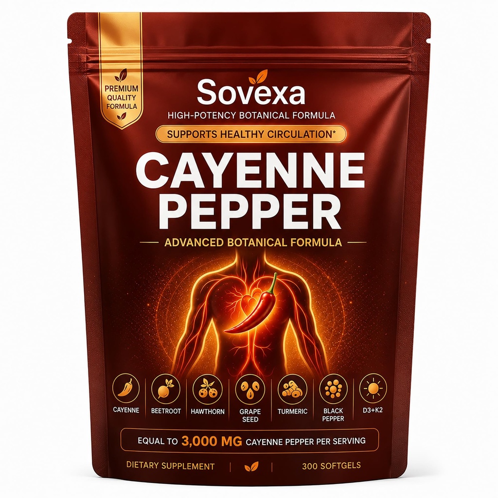 Cayenne Pepper - 300 Softgels with Grape Seed Oil, Vitamins D3+K2, Turmeric, Beetroot, Hawthorn & Black Pepper, Active Capsaicin Supplement, Gluten-Free (1)
