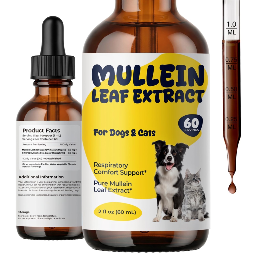 Mullein Drops for Dogs & Cats with Chlorophyll, Cough & Respiratory Support | Mullein Leaf Extract Liquid for Breathing Comfort; Herbal Pet Supplement, 2 fl oz (60 mL)