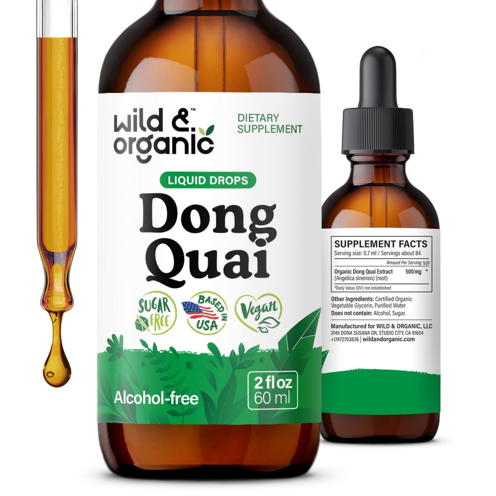 Wild & Organic Dong Quai Tincture - Menopause Supplements for Women - 2 oz | Angelica Root Supplements - Dong Quai Root Liquid Extract Drops - Angelica Sinensis Herb - Add to Tea - No Sugar,Alcohol-Free