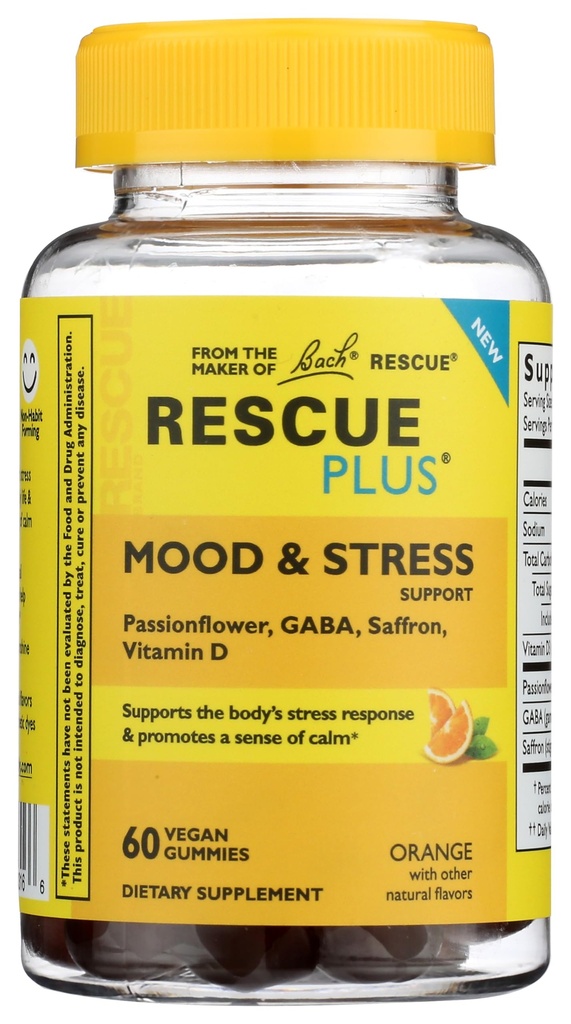 Bach Rescue Plus Mood & Stress Support Gummies, Daytime Dietary Supplement with Passionflower, GABA, Saffron & Vitamin D, Natural Orange Flavor, Vegan & Gluten-Free, 60 Count