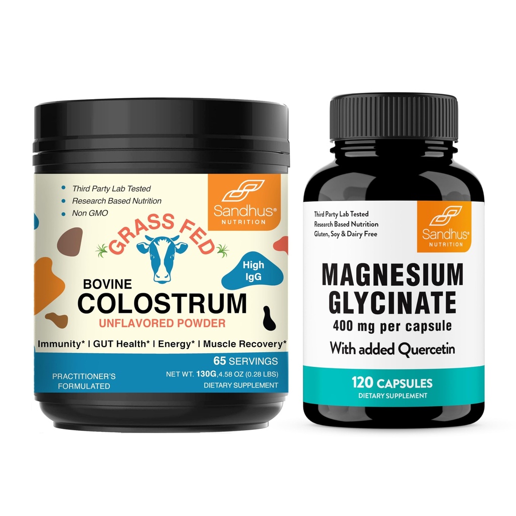 Sandhu's Colostrum Powder & Magnesium Glycinate Complex with Quercetin Capsules | Supports Gut, Immune Health & Quality Sleep