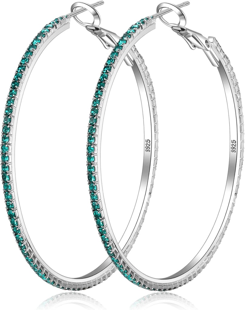 925 Sterling Silver Earrings Large Rhinestone Hoop Earrings Big Cubic Zirconia Hoop Earrings Thin Rhinestones Round Hoop Earrings for Women 20/30/40/50/60/70mm Sparkly Hoops With Crystals for Womens