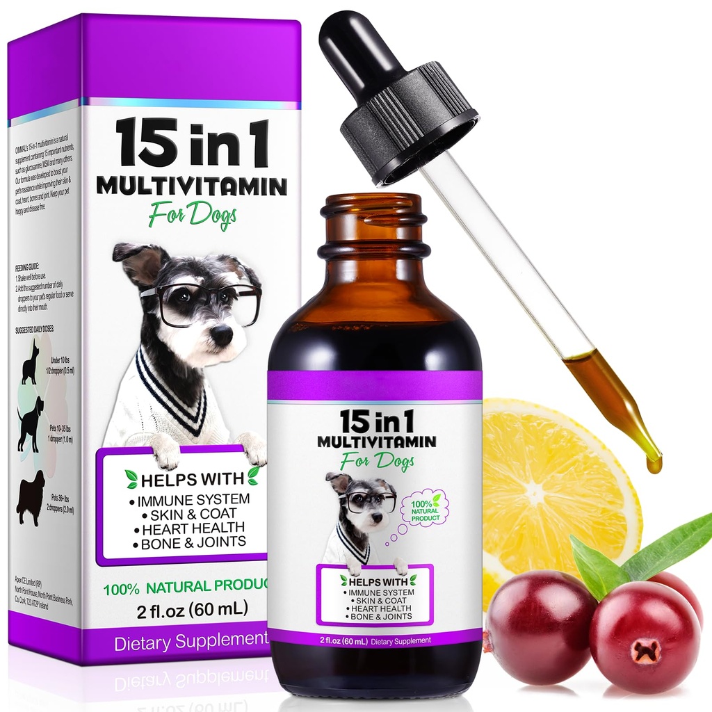 Dog Multivitamin, 15 in 1 Dog Multivitamin Liquid Drops Supplements, Dog Vitamins for Support Skin & Coat, Heart Health, Bones, Joint, Immune System Support, 60ml