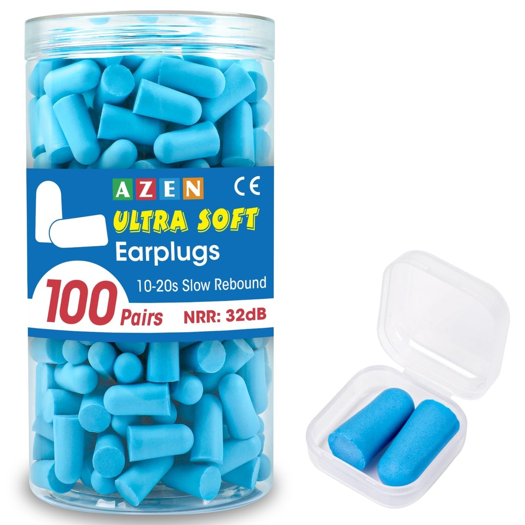 AZEN 100 Pairs Ear Plugs Bulk, NRR 32dB Soft Foam Ear Plugs for Sleeping Noise Cancelling, Earplugs for Concerts Shooting Swimming Noise Reduction (Lake Blue)