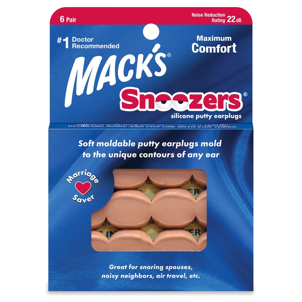 Mack's Snoozers Silicone Putty Earplugs - 6 Pair – Comfortable, Moldable Silicone Ear Plugs for Sleeping, Snoring, Loud Noise & Traveling | Made in USA