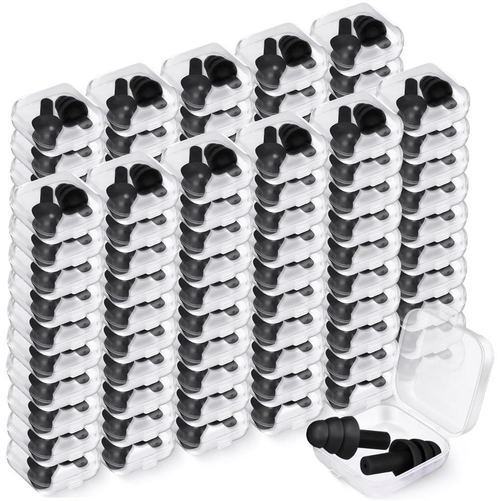 TrelaCo 100 Pairs Ear Plugs Bulk, NRR 29dB Reusable Silicone Ear Plugs with Plastic Cases Soft Foam for Sleeping Noise Cancelling for Concerts Shooting Swimming Noise Reduction(Black)