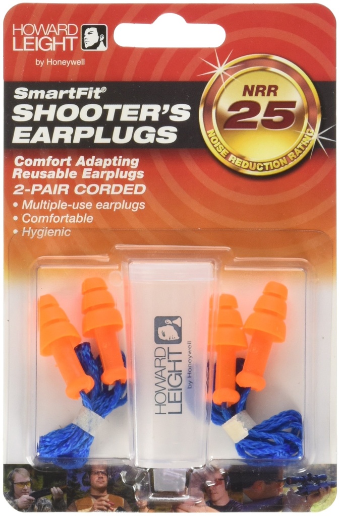 Howard Leight by Honeywell SmartFit Corded Reusable Shooting Earplugs, 2-Pairs (R-01520), Orange With Blue