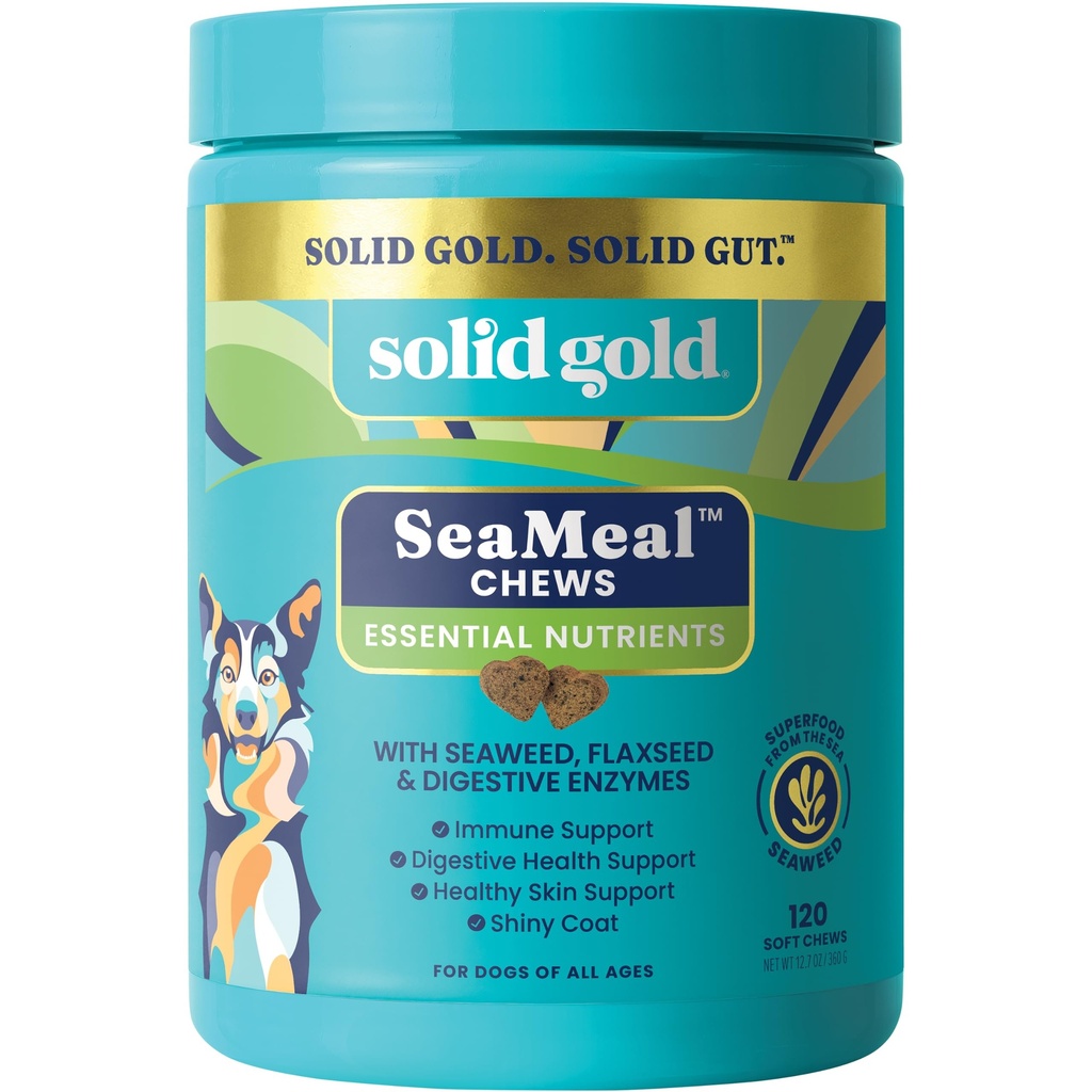 Solid Gold Cat & Dog Multivitamin Chews - Kelp, Omega 3 & Vitamins for Dental, Digestive, Immune, Skin & Coat Health - Multi Vitamin for Dogs & Cats - Sea Kelp Based Soft Chew for All Ages - 120ct