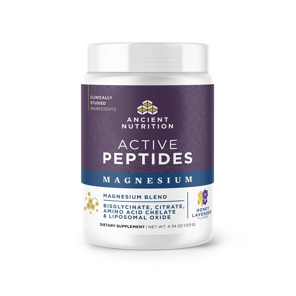 Ancient Nutrition Active Peptides Magnesium Glycinate, Honey Lavender | Bioavailable Magnesium Bisglycinate & Citrate, Liposomal, Oxide, Supports Sleep Quality & Stress Support, Powder, 30 Servings