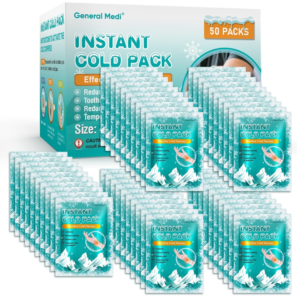 General Medi Instant Ice Cold Pack (4”x 5.5”) – 50 Packs Disposable Cold Therapy Ice Packs for Pain Relief, Swelling, Inflammation, Sprains, Toothache – for Athletes & Outdoor Activities