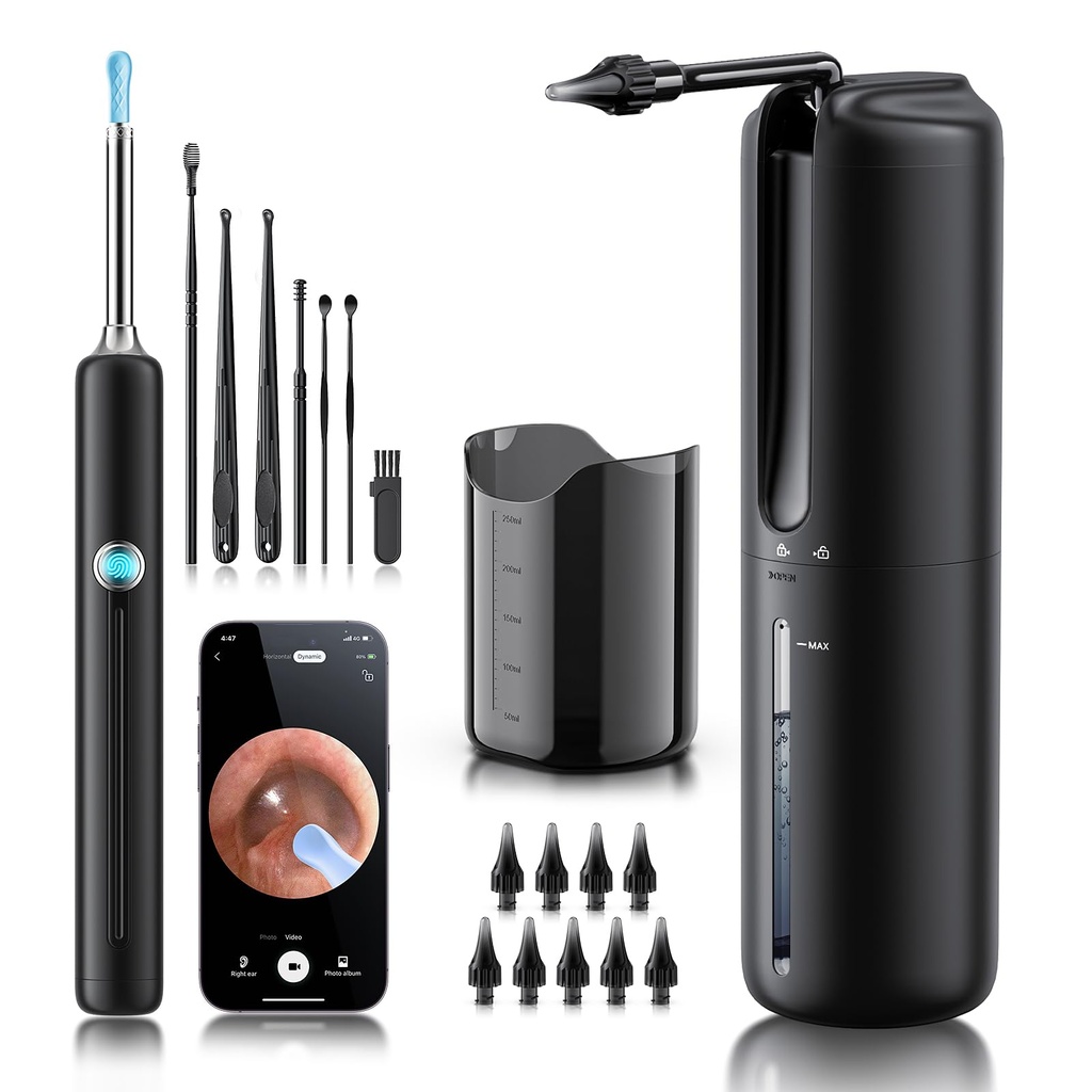 Ear Irrigation Flushing System with 1080P Otoscope, 4 Pressure Modes, IPX5 | 3-in-1 Ear Cleaning Kit for Adults with Shower-Friendly Ear Irrigation, HD Ear Camera, and Traditional Ear Scoop Set, Black