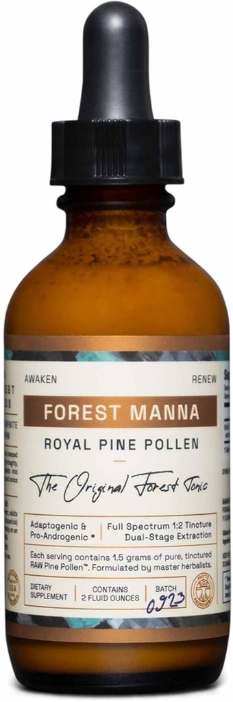 RAW Forest Foods Forest Manna Royal Pine Pollen Tincture – 1:2 True Dual-Stage Extraction – Pure Pine Pollen – Only from 2 Fl Ounce Bottle
