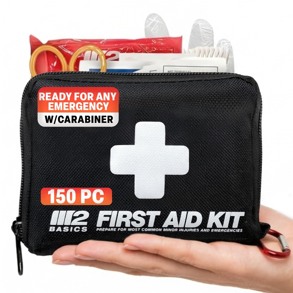 M2 BASICS 150 Piece Premium First Aid Kit, Compact Bag for Purse & Travel