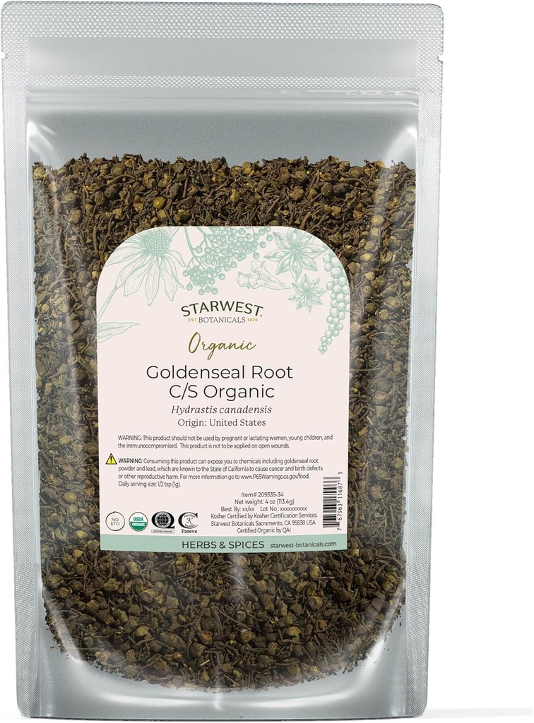 Starwest Botanicals Organic Goldenseal Root - Dried Loose Leaf Herb for Tea, Herbal Blends, & Cooking, Pure & Natural Hydrastis Canadensis, Cut & Sifted, Certified Kosher, Non-GMO - 4 oz Pouch