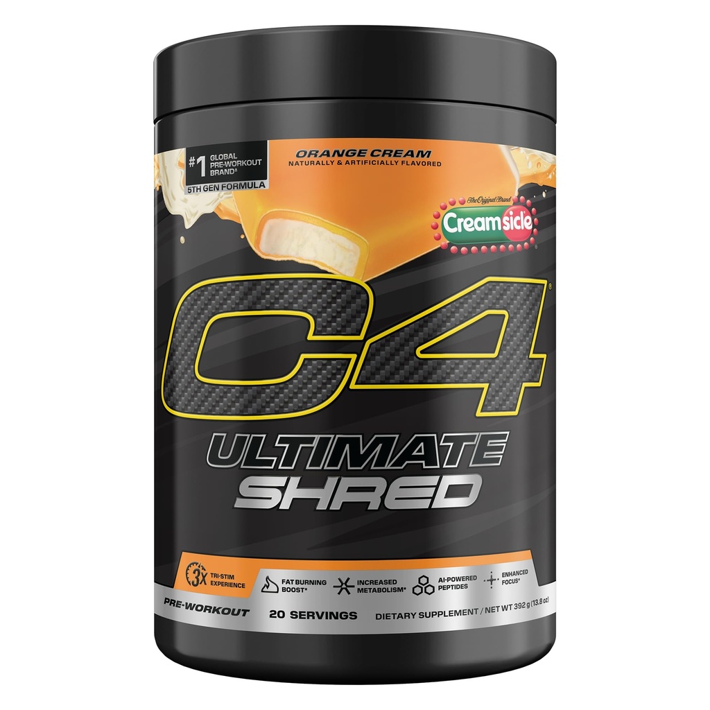 Cellucor C4 Ultimate Shred Pre Workout Powder, Metabolism Supplement with Cayenne Extract+300mg Caffeine+TeaCrine+Dynamine - Orange Creamsicle, 20 Servings