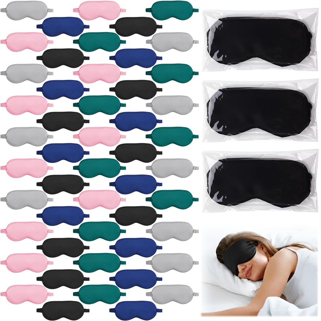 Cutecrop 50 Pcs Silk Sleep Mask Blackout for Women Men, Adjustable Comfortable Eye Cover Blindfold No Pressure for Sleeping, Travel, Napping, 5 Colors(Classic Color)