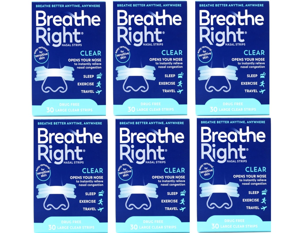 Breathe Right Nasal Strips Clear For Sensitive Skin Large 30 Each (Packs of 6)