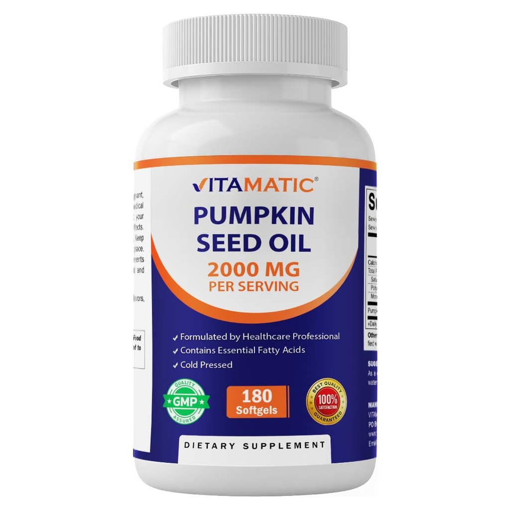 Vitamatic Pumpkin Seed Oil 2000mg Softgel Capsules per Serving - 180 Softgels - 1000mg per softgel