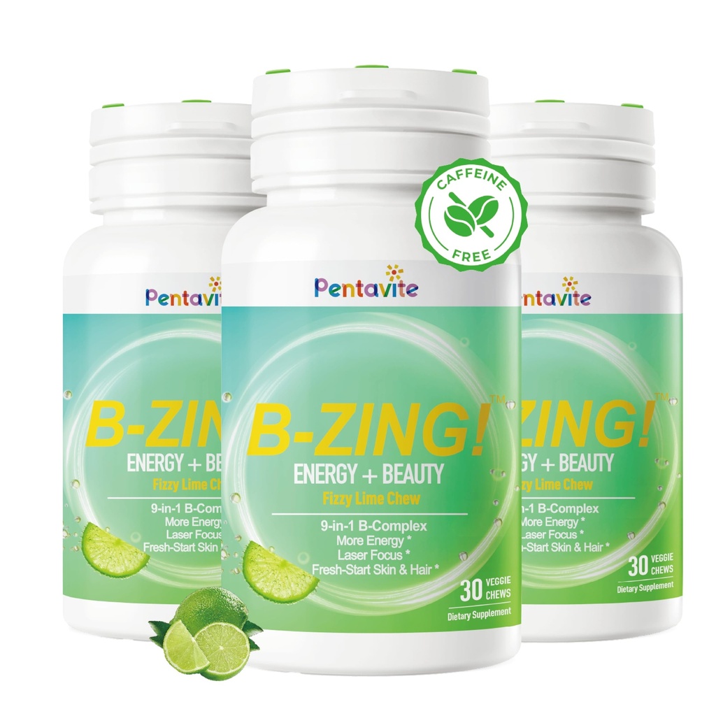 Pentavite B-ZING Daily Energy Supplements, 9-in-1 Fizzy Lime Chew, Vitamin B Complex (8 B Vitamins) with Taurine, Support Energy, Skin & Hair and Beauty, Supplements for Women & Men, 90 Ct