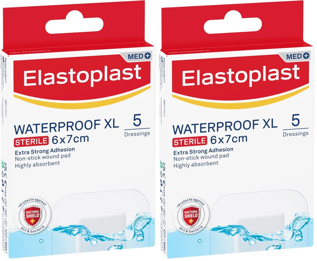 Elastoplast Waterproof XL Wound Dressings 6 x 7 cm (10 Pack) | Bacteria Shield to Defend Against Dirt & Infection | Ideal for Outdoor Activities | Transparent Plaster | Strong Adhesive Power
