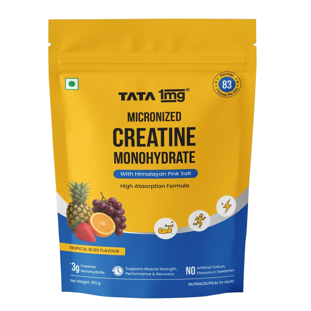 Tata 1mg Micronized Creatine Monohydrate | 83 Servings| 3g Creatine + Himalayan Pink Salt | High Absorption | Supports Muscle Strength, Performance & Recovery | Tropical Bliss Flavor | 301g