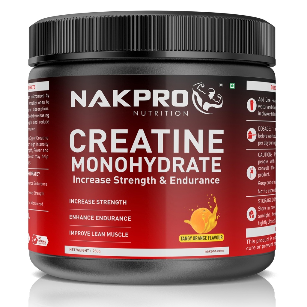 NAKPRO NUTRITION Micronised Creatine Monohydrate | 250g Jar | Tangy Orange | 3g Creatine/Per Serving | Trustified Certified | Rapid Absorption Pre/Post Workout