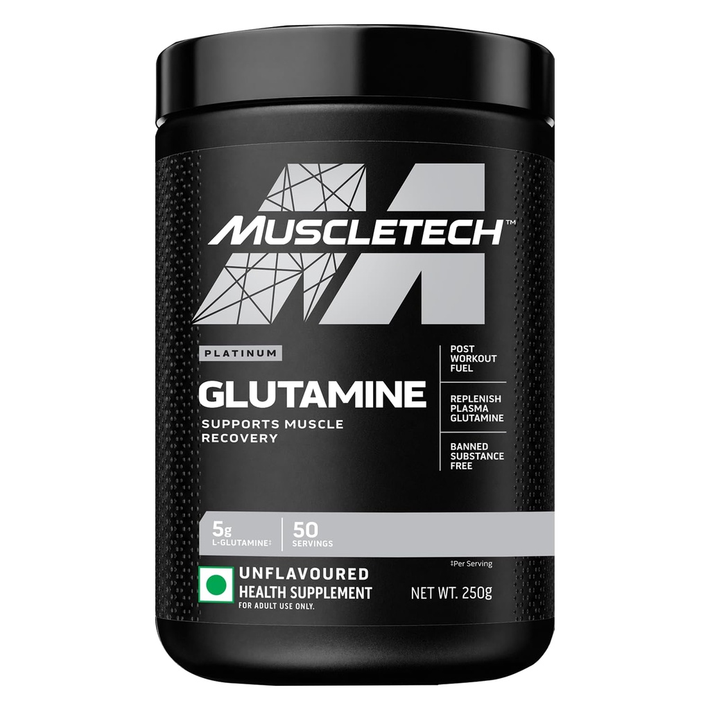 Muscletech Glutamine | Muscletech Platinum 100% Glutamine | Post Workout Recovery Drink | L-Glutamine Powder For Men & Women | Muscle Recovery | Unflavored (50 Servings) - 250 grams..