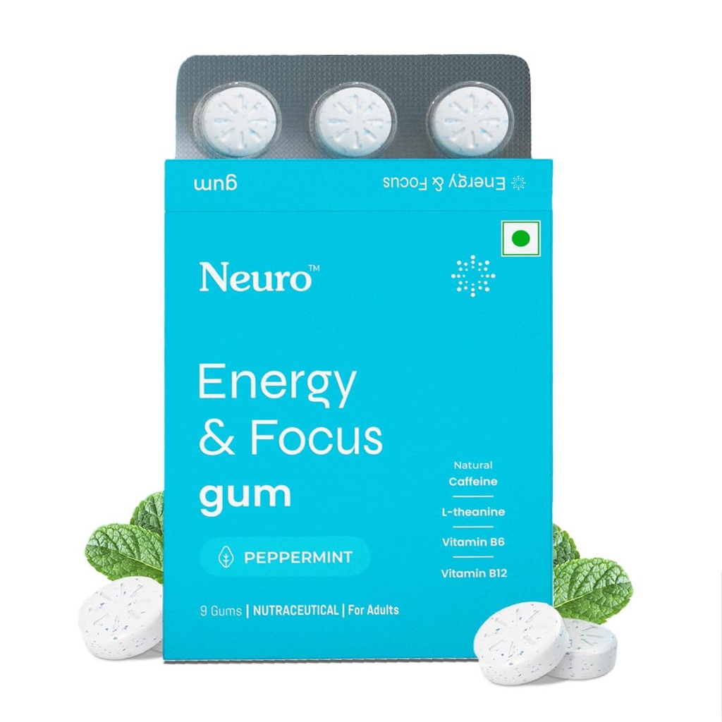 NeuroGum Energy Caffeine Gum (9 Pieces) - Sugar Free with L-theanine + Natural Caffeine + Vitamin B12 & B6 - Energy & Focus Supplement for Women & Men, Peppermint Flavor | (Pack of 1 (9 Gums), Peppermint)