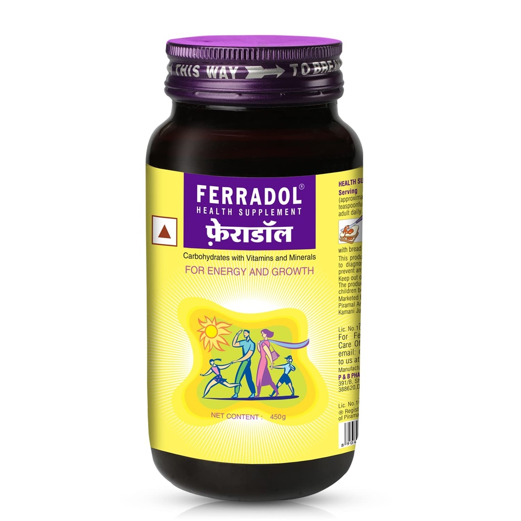 Ferradol syrup Pack of 450gm, daily health supplement with Iron, vitamins A, B1, B2, B3 and D3, Calcium, Zinc, helps maintain haemoglobin and supports immunity