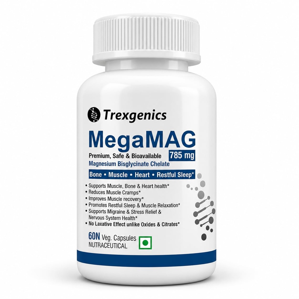 Trexgenics MegaMAG 785mg Magnesium Bisglycinate - Most Bioavailable Magnesium for Sleep, Muscle, Bone & Heart Support (60 Veg. Capsules) (Pack of 1)