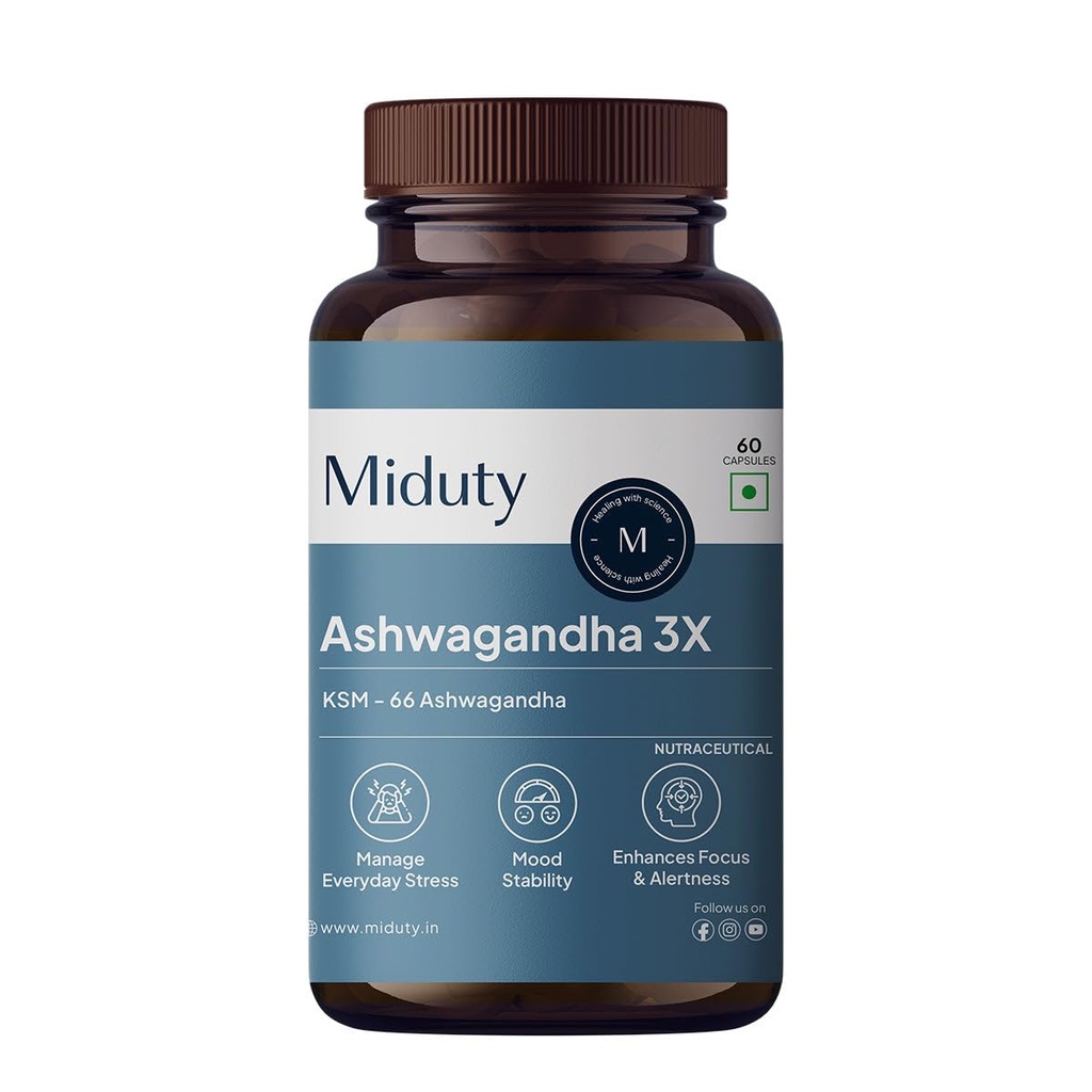 Miduty Ashwagandha 3X Supplement 500 mg Serving - KSM 66 Ashwagandha - Triple Strength Formula - For Mood Stability,Focus, Strength and Stress - 60 Veg Capsules