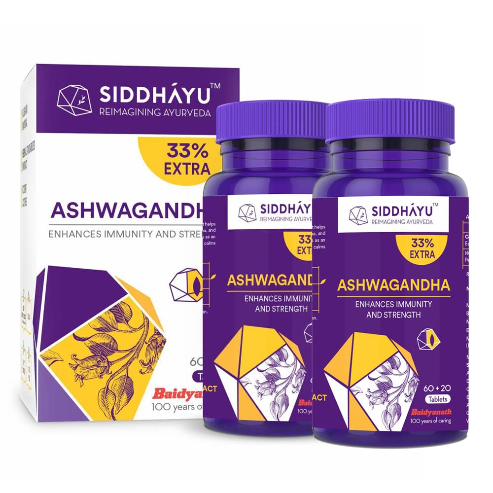 Siddhayu by Baidyanath Ashwagandha Tablets 60+20 (Pack of 2) | Immunity Booster, Strength & Stress Support | Ayurvedic Supplement | 100% Pure Ashwagandha Root Extract | Natural Immunomodulator