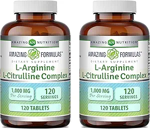 Amazing Formulas L-Arginine/L-Citrulline Complex 1000mg Tablets Supplement | Non-GMO | Gluten Free | Made in USA (120 Count | 2 Pack)