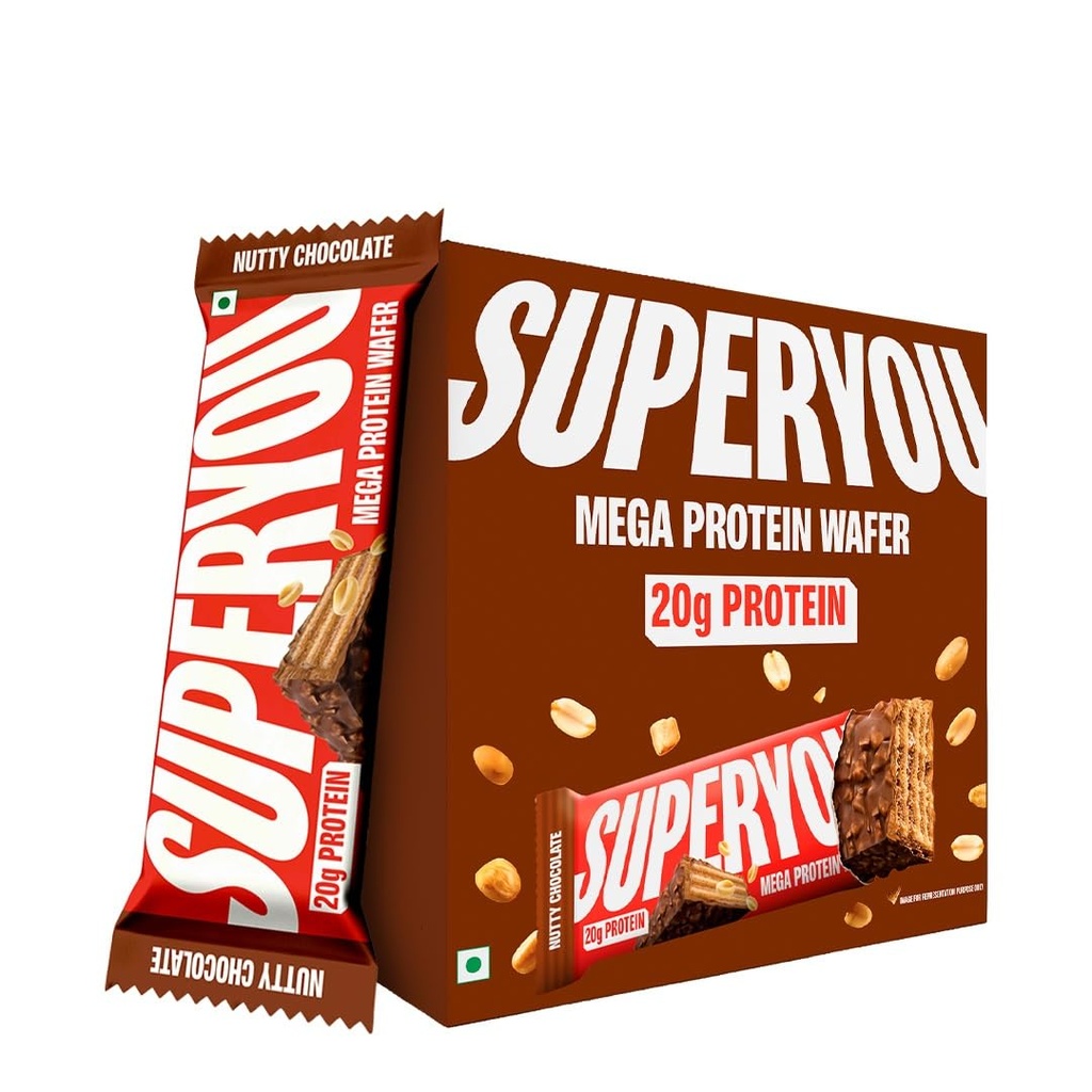 Superyou Nutty Chocolate Mega Protein Wafer Bar (Pack of 6) 20G Protein, 4.8g Fibre, No Added Sugar | Yeast Fermented |Energy Bars|Crunchy Wafer Bar|100% Vegetarian|No Palm Oil | 360g