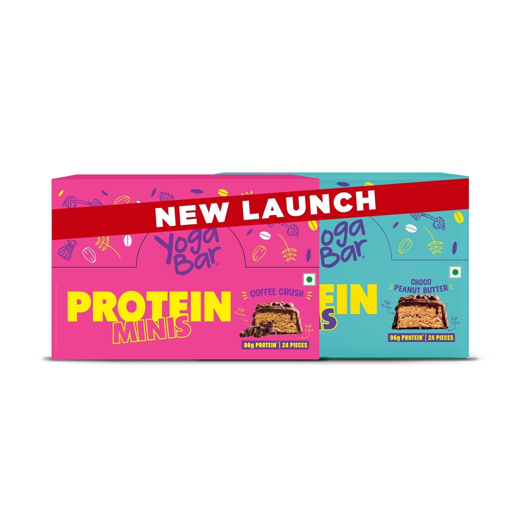 Yoga Bar Protein Minis Combo | Choco Peanut Butter + Coffee Crush | High Protein Snack Bars | 24 Pieces Each | 86g Protein per Pack | Healthy Snack | New Launch