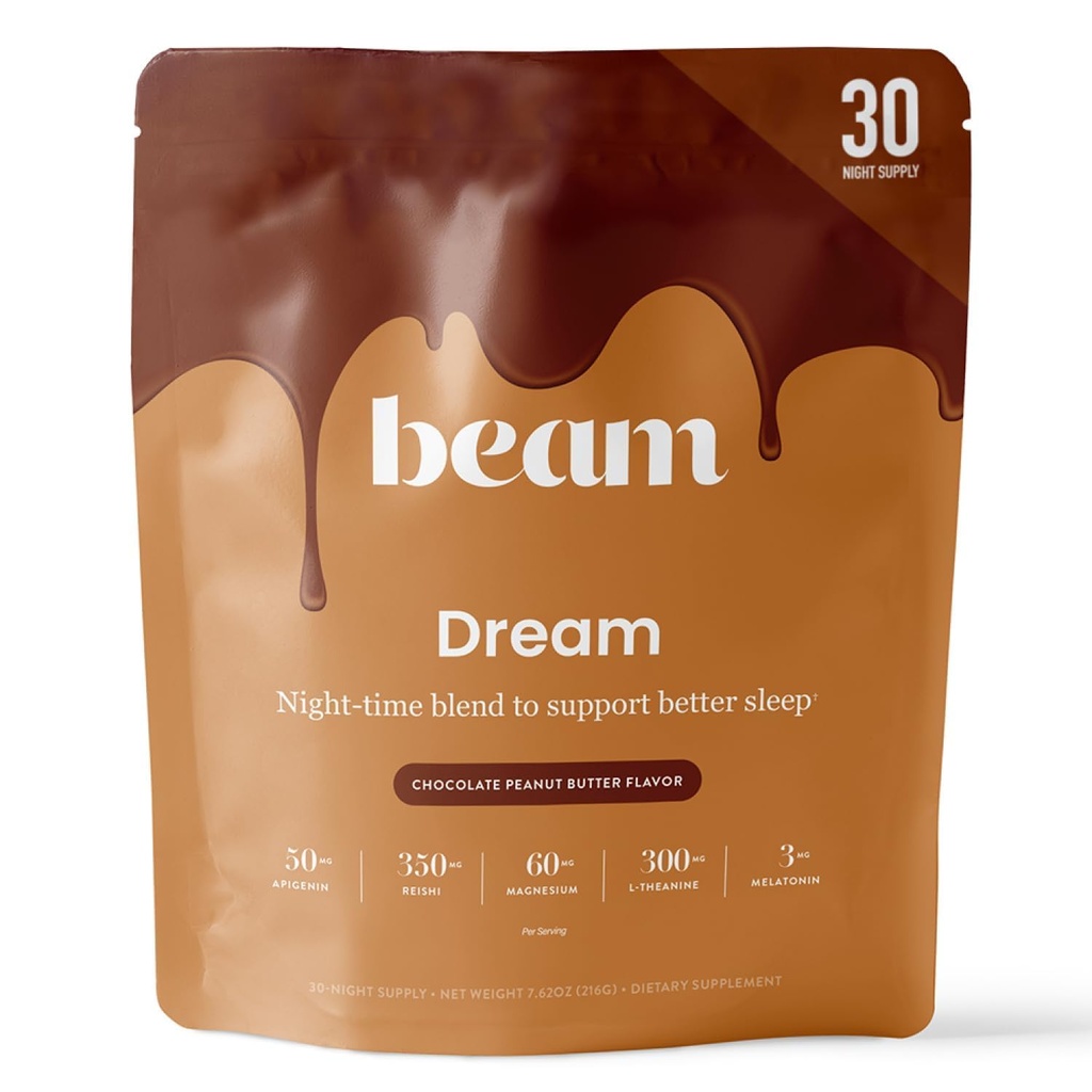 Beam Dream Sleep Powder – Sleep Aid for Adults with Melatonin, Magnesium, L-Theanine, Reishi Mushroom & Apigenin Sleep Supplement, Sleepy Cocoa Bedtime Drink Mix, Chocolate Peanut Butter, 30 Servings