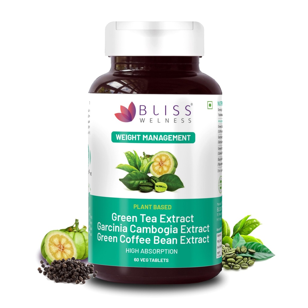 Bliss Welness Weight Management Combo | Green Tea Extract + Garcinia Cambogia Extract 60% + Green Coffee Bean Extract 50% | Appetite Control Metabolism Antioxidant Fat Management Supplement - 60 Vegetarian Tablets