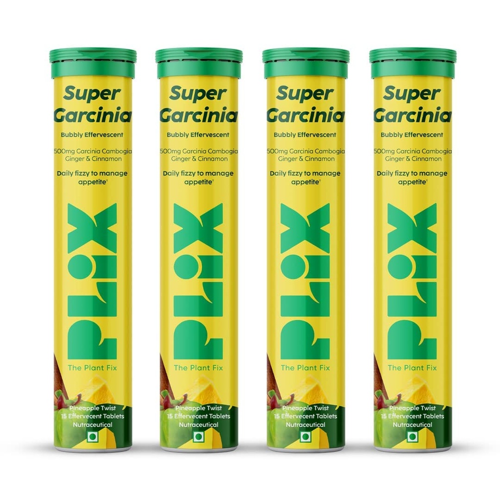 PLIX - THE PLANT FIX Garcinia Cambogia 15 Effervescent Tablets For Weight Loss- Pack of 4, Ayurvedic Herbs,Ginger,Cinnamon Extract, Improves Energy, Boost Metabolism and Burn Fat, For Men & Women
