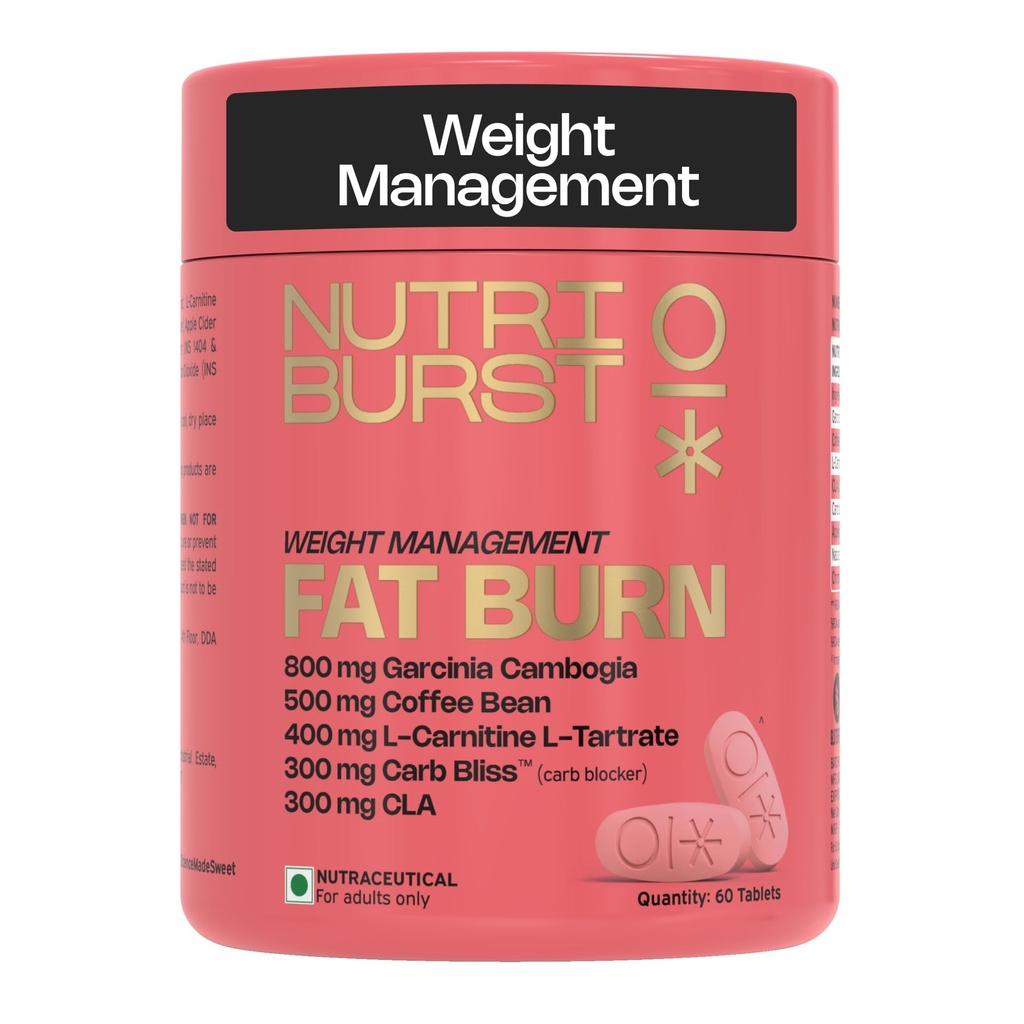 Nutriburst Fat Burn Tablets for Men & Women | Weight Management Supplement with Garcinia Cambogia, Green Coffee Bean, L-Carnitine, CLA & Carb Blocker | 60 Tablets | 1-Month Pack