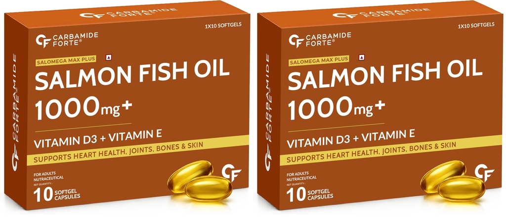 Carbamide Forte Omega 3 Fish Oil Capsules Softgel 1000mg with Vitamin D & E | Omega 3 Supplement Softgel For Men & Women | Salmon Fish Oil Omega3 Supplement For Heart, Joints, Bones & Skin - 10 Softgels