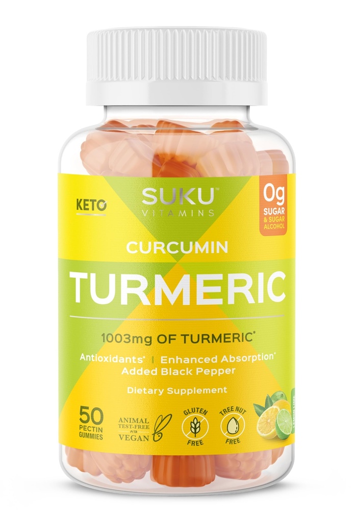SUKU Turmeric Curcumin Sugar Free Gummies with 1003mg of Turmeric - Black Pepper Protects Liver, Improves Digestion, Inflammation Response & Joint Health – Lemon Lime Flavour (50 Gummies)