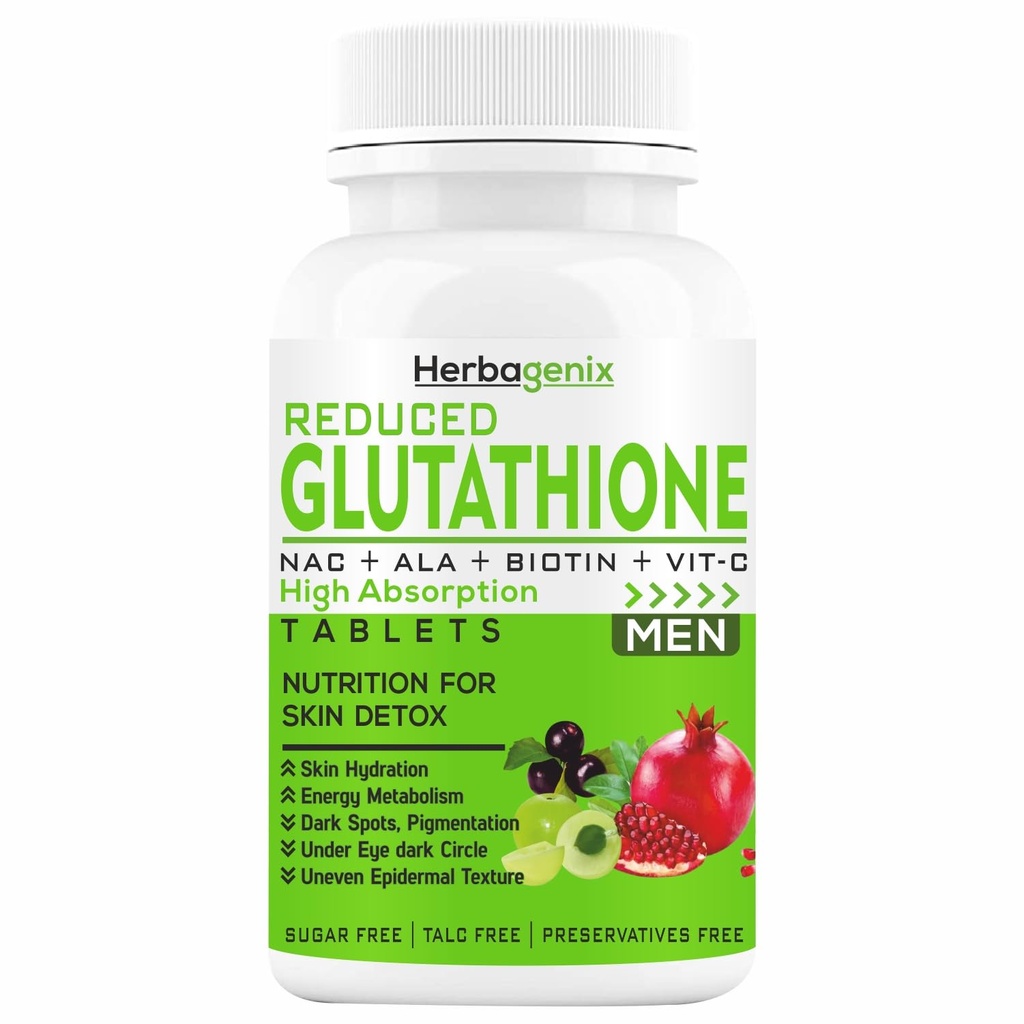 Glutathione-Tablets For Skin-Whitening L-Glutathione Reduced, Vitamin C, E, Biotin, milk thistle powder, Hyaluronic Acid, Collagen Supplements For Men-60 Glow Tablet (No Capsule/capsules)