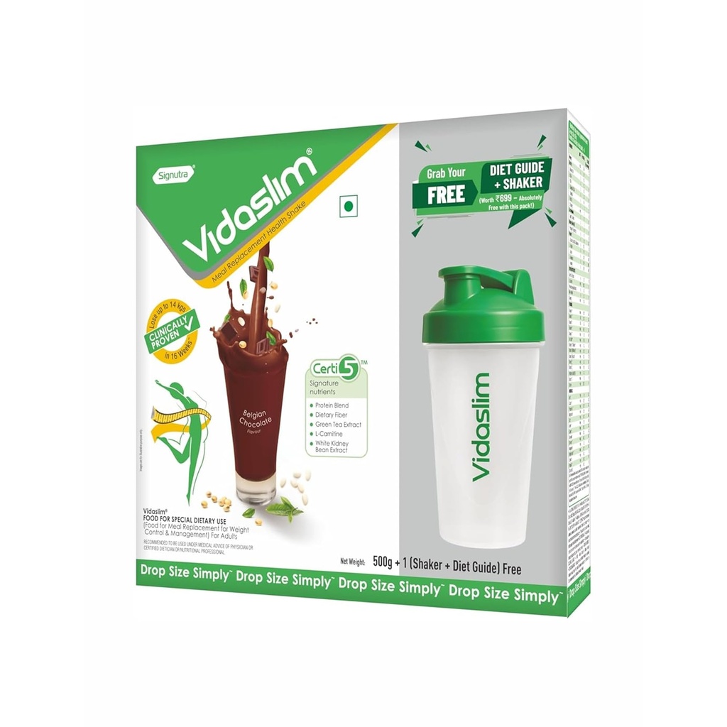 Vidaslim Belgian Chocolate 500g BIB Pack with free Shaker - Protein Powder For Men & Women Weight Control & Management | Clinically Proven Meal Replacement Protein Health Shake | No Added Sugars | 22.8g Protein Per Serve | Green Tea & White Kidney Bean Extracts |