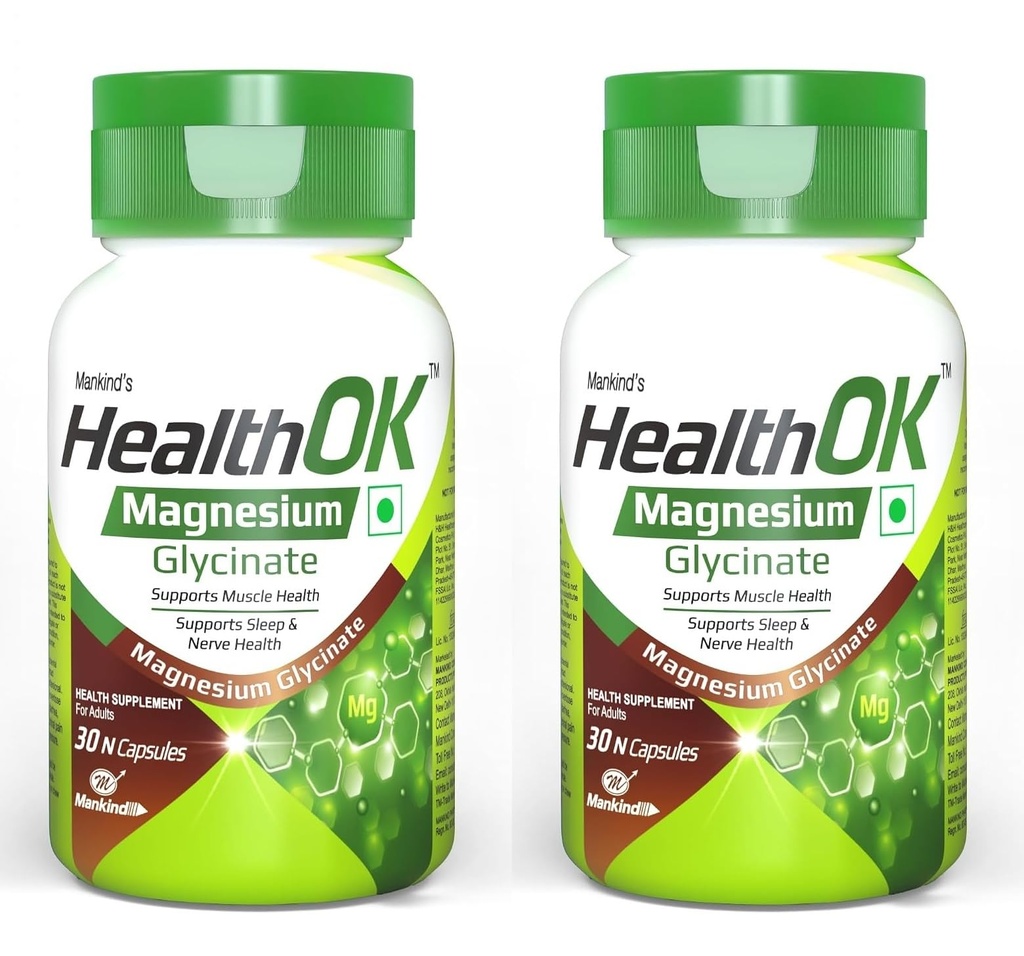Mankind Health OK Magnesium Glycinate Supplements - High Absorption Formula for Muscle Relaxation, Nerve Health & Calm Sleep - 30 Tablets x Pack of 2