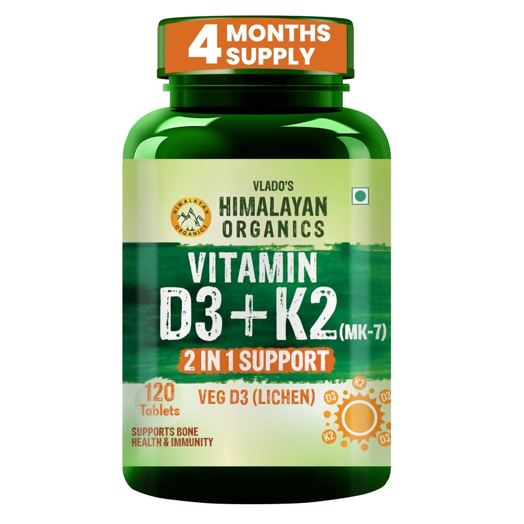 Vlado’s Himalayan Organics Vitamin D3 K2 Supplement I 100% Veg D3 - Lichen Sourced -600 IU Vitamin D3 + 55 mcg K2 (MK7) - Stronger Bones, Immunity & Calcium Absorption - D3 Supplement for men & women - 120 tablets